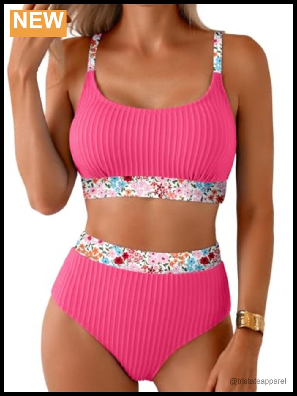 Textured Bikini Set Floral Trim High Waisted Scoop Neck Two Piece